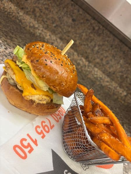 Kurací steak burger + hranolky