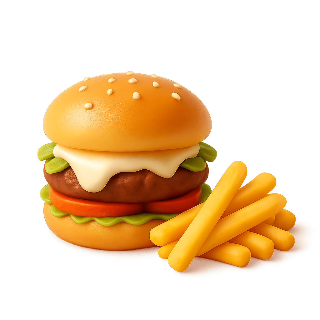 Camembert burger + hranolky