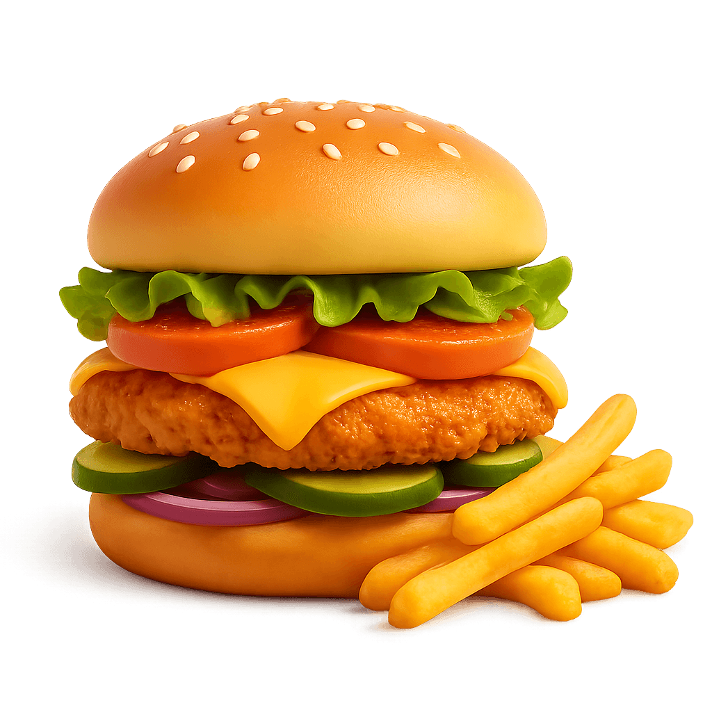 Kurací XXL Cheeseburger + hranolky