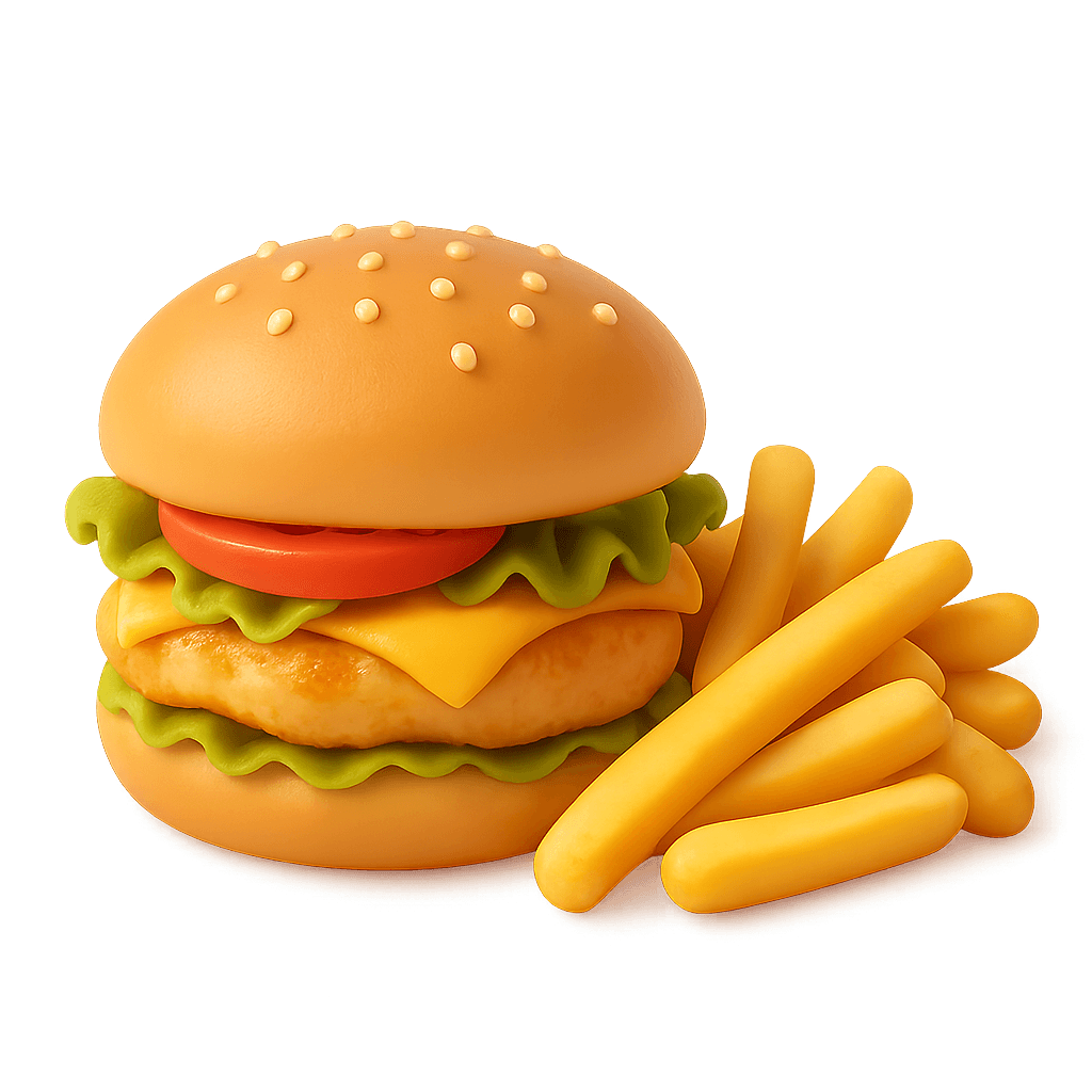 Kurací hamburger + hranolky